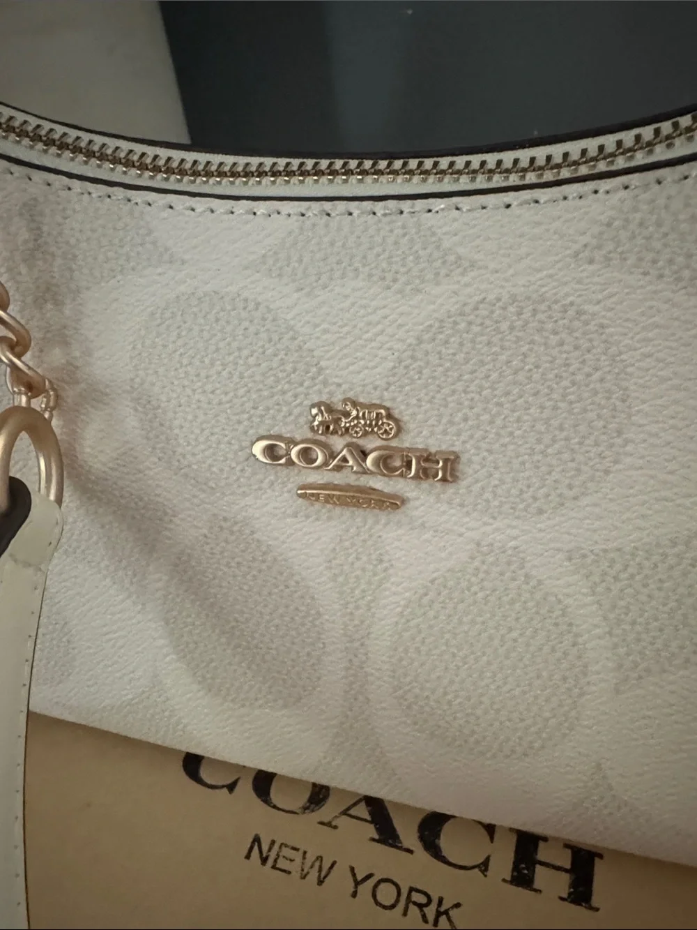 Coach Cream Signature Mini Shoulder Bag with Red Heart Charm